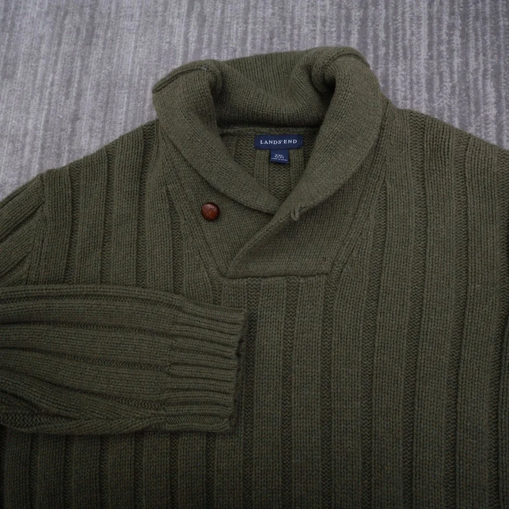 Lands End Mens XXL Olive Green Merino Wool Blend Ribbed Shawl Collar Sweater